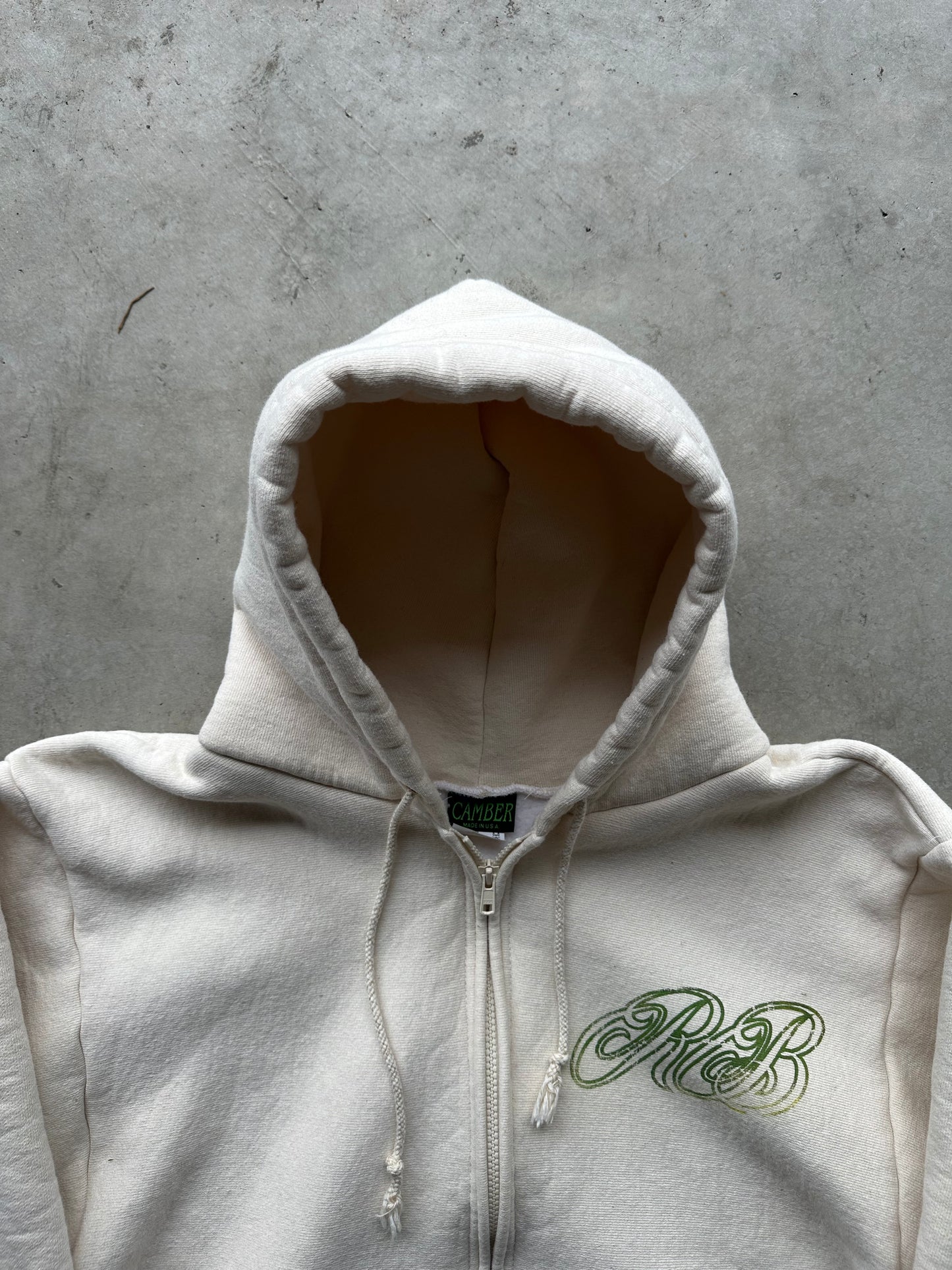 Cream/Green Script Zip Up Hoodie - Size XL