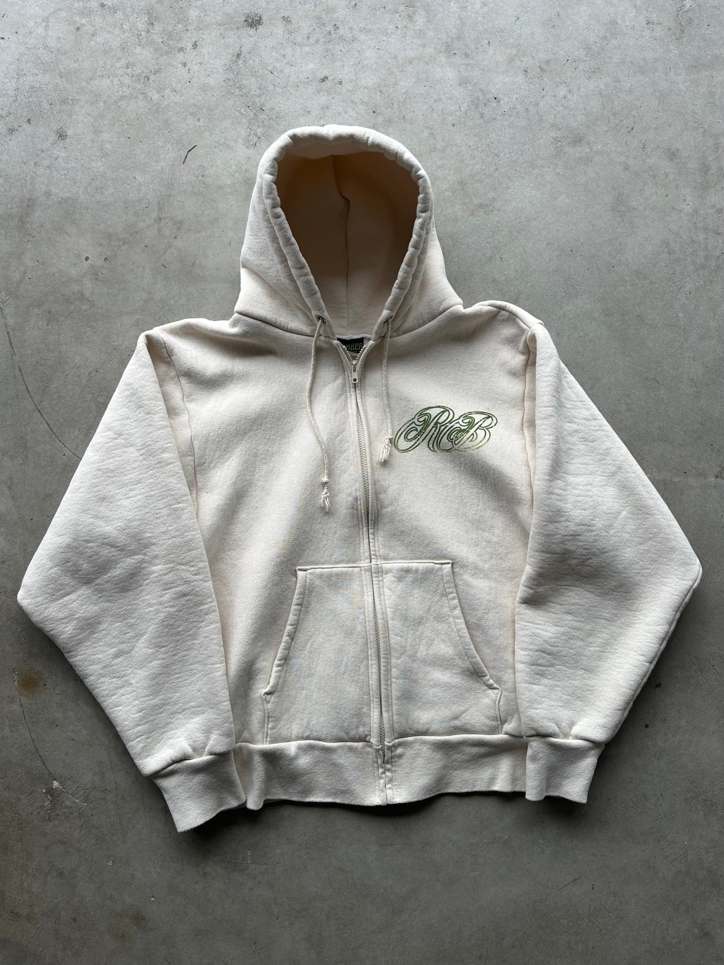Cream/Green Script Zip Up Hoodie - Size XL